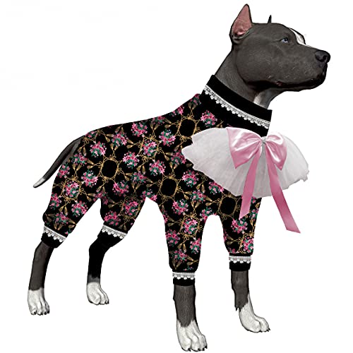 LovinPet 6fa T-Shirts für Hunde, Einteiler, UV-Schutz, Angstberuhigend, Hunde-Pyjama unter Hundemäntel als Unterhose, 4 Beine, großer Hunde-Jumpsuit, schwarz, rosa Drucke Schlafanzug für Hunde von LovinPet