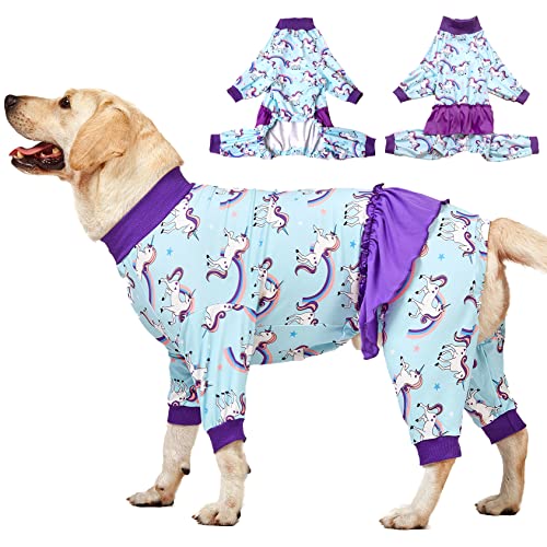 LovinPet Big Dog Onesie Pitbull, Einhorn Hundehemd, Magischer Einhorn Regenbogen Druck, Leichter Dehnbarer Strickpullover Großer Welpen-Pyjama, Große Hunderassen Jammies, Haustier PJ's von LovinPet