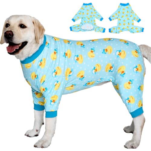 LovinPet Big Dog Wundpflege/Chirurgie Recovery Shirt, Haustier Angst Shirt, leichter dehnbarer Strickstoff, Gummienten mit Hüten, blauer Aufdruck, Hundepyjamas, Haustier-PJ's/L von LovinPet