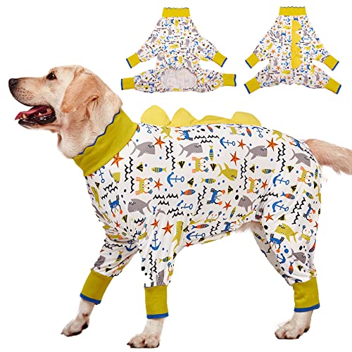 LovinPet Big Dogs Pjs, großer Hunde-Pyjama, Anti-Lecken Haustier Angst Shirt, chirurgische Erholung, Einteiler für große Rassen, Hunde, Jammies, Haustier-PJ's, Meeresleben-Druck, Hundekleidung/XXL von LovinPet