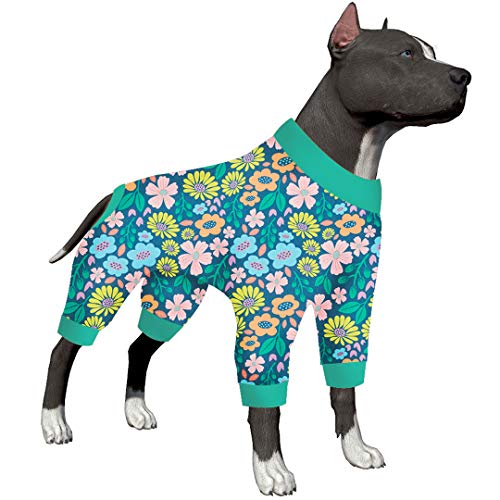 LovinPet Chirurgischer Einteiler für Hunde – große Hundekleidung, postoperativer Einteiler, leichter Stoff, Pitbull Hundepullover, Pyjama, marineblauer Wildblumen-Druck, Hunde-PJ's, 3XL von LovinPet