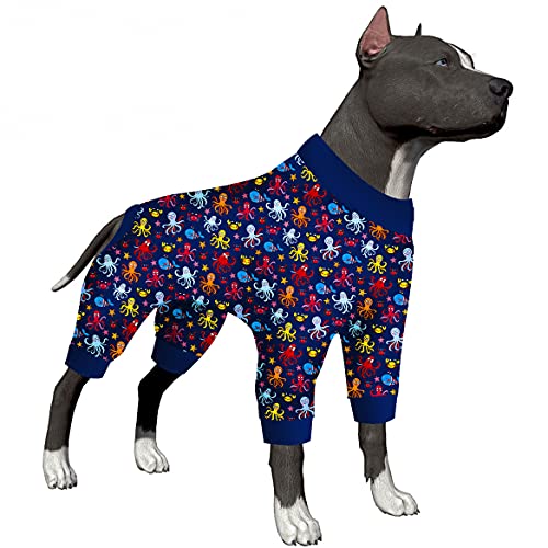 LovinPet Dobermann-Hunde-Schlafanzug – Angstberuhigendes Shirt, Anti-Leck-Hunde-Pyjama, Meerestier-Druck, leicht, große Hunde-Pyjama, Haustier-PJ's für Partys, Camping, Violett,Schwarz M von LovinPet