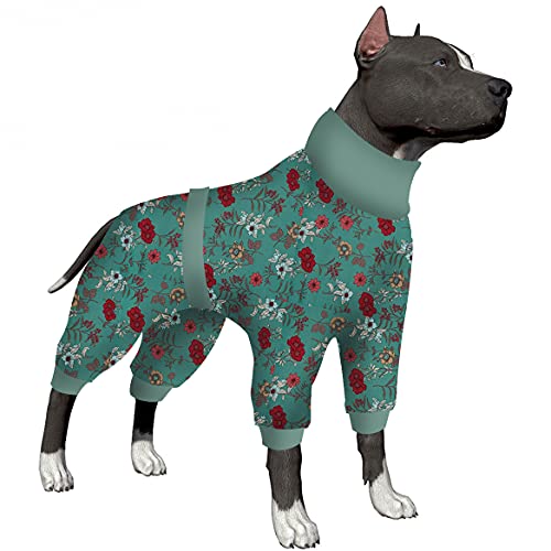 LovinPet Dog Jammies Jumpsuit für Hunde, postoperative Hunde, reflektierender Riemen, vollständige Abdeckung, atmungsaktiver und elastischer Schlafanzug, Motiv: Salbei mit Korallen von LovinPet