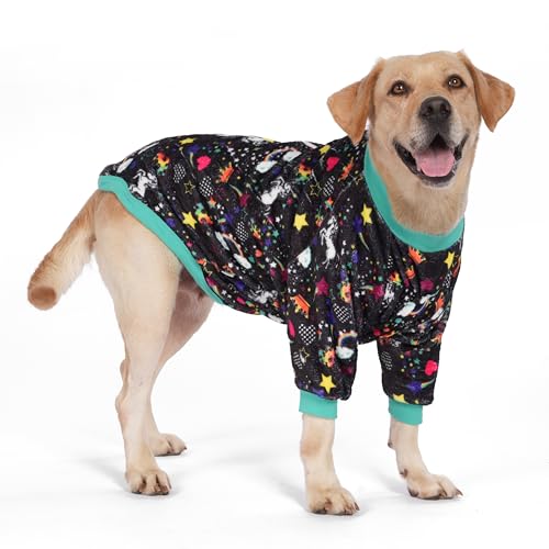 LovinPet Einteiler für große Hunde, warm, verbesserter Flanellstoff, Punk, Wildpferd, Sterne, Hundekleidung, Schlafanzug für Hunde, gemütlicher Winter-Pyjama für kaltes Wetter, Grün von LovinPet