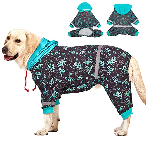 LovinPet Einteiler für große Rassen, UV- und Wundversorgung, Linderung von Angstzuständen, reflektierende Streifen, Schmetterlinge und Ringe, schwarz/grüner Druck, postoperative Haustier-PJs, Größe von LovinPet