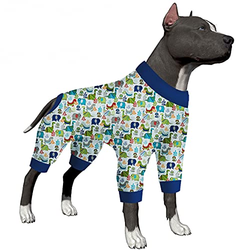LovinPet Extra große Hundekleidung – große Hunde-Schlafanzüge, leichter dehnbarer Stoff, weißer Dinosaurier-Allover-Druck, Hunde-Overall, Haustier-Angstlinderung, Hemd, blau-grau, 3XL von LovinPet