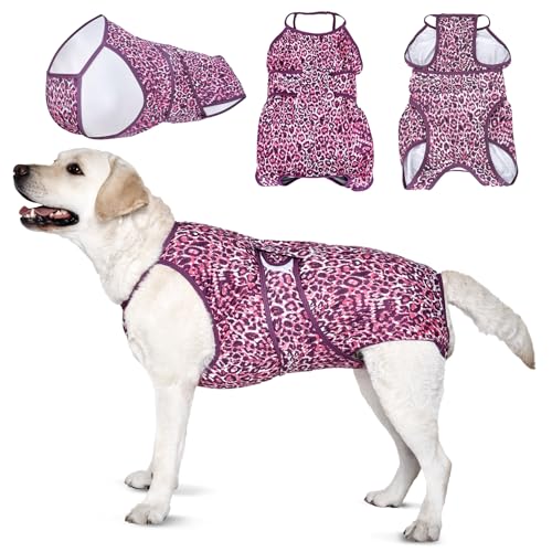 LovinPet Genesungsanzug für Hunde – Professioneller Genesungsanzug für große Hunde, postoperative Weste, E-Halsband, alternatives Erholungs-Shirt, Beine ohne Abdeckung, Leopardenmuster, Rosa, Größe L von LovinPet