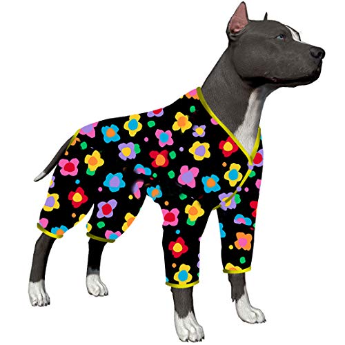 LovinPet Große Hunde-Outfits für Boxer – Angst beruhigendes Shirt, Anti-Lecken Hunde-Pyjama, leichter Stoff, Vintage Happy 2 gesteppter Multi-Print, große Hunde-Pyjamas, alle Jahreszeiten, gelb, L von LovinPet