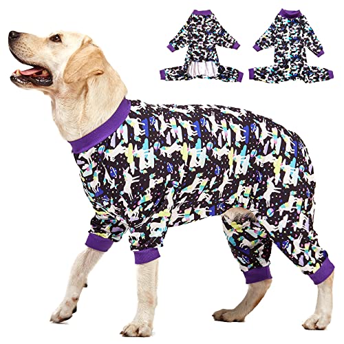 LovinPet Große Hundekleidung, Wundpflege/Post-Operationen, Einhörner im Weltraum, schwarzer Druck, UV-Schutz, Angstlinderung, großer Hunde-Einteiler, Pet PJ's/XL von LovinPet