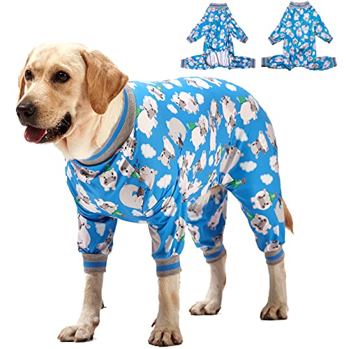 LovinPet Große Hundekleidung/gemütlicher Hunde-Schlafanzug, schmale Passform, leichter Pullover/vollständige Abdeckung, Hunde-Schlafanzug/Happy Hippo Blue Print/große Hunderassen Hunde-Pyjama/2XL von LovinPet