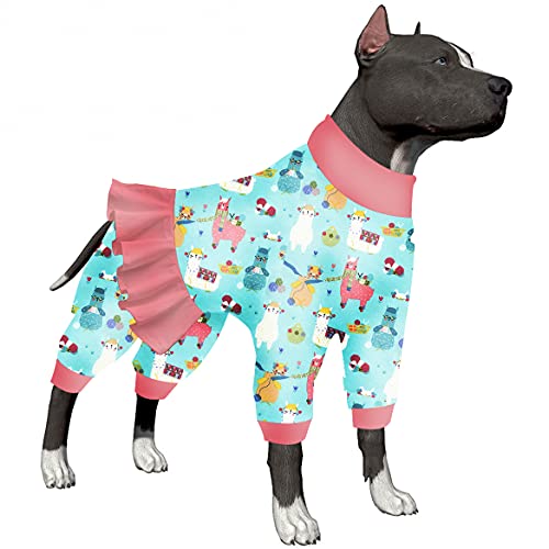 LovinPet Große Hundekleidung – hoher Kragen, Baumwolle, UV-Schutz, nach Operationen, leichter Strick, dehnbarer Stoff, Aqua-Alpaka-Druck, großer Hunde-Pyjama, Orange, 3XL von LovinPet