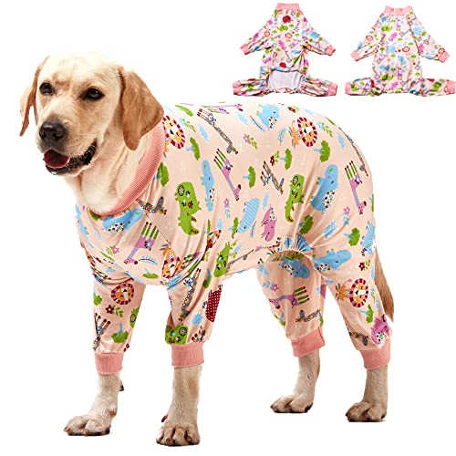 LovinPet Große Hundekleidung: Schlafanzug für große Hunde, schmale Passform/leichter Pullover für Hunde, vollständige Abdeckung, Tiere, rosa Druck, Größe 3XL von LovinPet