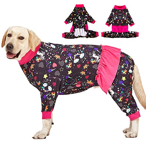 LovinPet Große Rassen-Hunde-Pyjama, Wundpflege/Post-Operationen-Shirt für große Hunde, Einhorn und Regenbogen, schwarzer Druck, leichter dehnbarer Pullover, Bodysuit, Hunde-Jammies/Medium von LovinPet