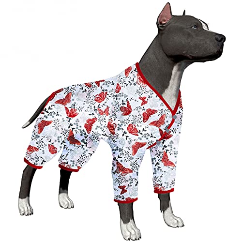 LovinPet Großer Hunde-Body – Haustier-Angstlinderung, Pyjama, UV-Schutz, Hunde-Shirt, bequemer, dehnbarer Stoff, weißer Schmetterlingsdruck, große Hunde-Pyjama, Pitbull-Kleidung für alle Jahreszeiten, von LovinPet