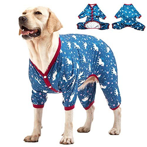 LovinPet Großer Hunde-Haustier-Shirt – Unterhemd für Hundemäntel, Anti-Lecking, Haustier-Angstlinderung, Einteiler mit Blumen-Pony, marineblau, große Hundekleidung, Jammies, Haustier-PJ's/XXL von LovinPet