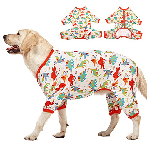 LovinPet Großer Hunde-Pyjama, Unterhemd für Hundemäntel, Anti-Lecking, Haustierangst, beruhigender Einteiler für Hunde, weißer Dino-Druck, große Hundekleidung, Hunde-Jammies, Haustier-PJ's/M von LovinPet