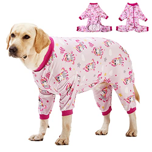 LovinPet Großer Hunde-Pyjama, leicht, Stretch-Strick, Einhorn-Rosa-Druck/Post-Operationen-Shirt/UV-Schutz, Haustier-Angstlinderung, Wundpflege für große Hunde-Einteiler/Medium von LovinPet