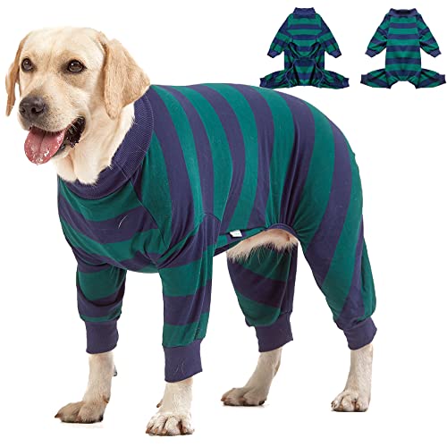 LovinPet Großer Hunde-Pyjama-Body – Leichter dehnbarer Strickpullover Hunde-Einteiler, Grün und Schwarz Streifen Print Hundehemd, UV-Schutz/, große Rassen Hund Jammies, Pet PJ's/XXL von LovinPet