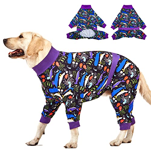 LovinPet Großer Hunde-Pyjama – Einteiler nach Operationen, für große Hunderassen, reflektierende Streifen, leicht, atmungsaktiv, dehnbar, anthrazit, Tiefsee-Druck, Schwarz, Größe L von LovinPet