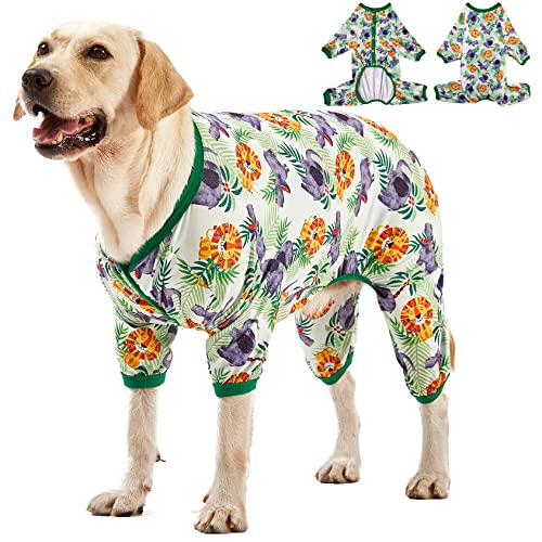 LovinPet Großer Hunde-Pyjama-Einteiler: leichter dehnbarer Strickpullover für große Rassen, Jammies, großer Nilpferd, grüner Druck, Wundpflege/nach Operationen, Haustier-PJ's, Hunde-Einteiler/Large von LovinPet