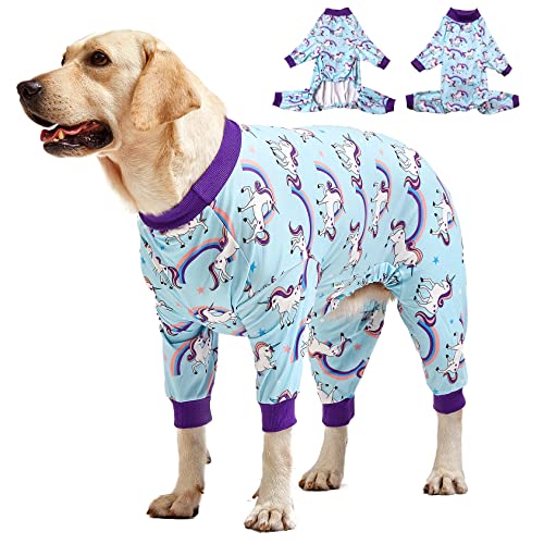 LovinPet Großer Hunde-Pyjama PJS – Wundpflege/postoperative Erholungsshirt für große Hunde, leichter dehnbarer Strickpullover für Hunde, magischer Einhorn-Regenbogen-Druck, Haustier-Pyjama von LovinPet