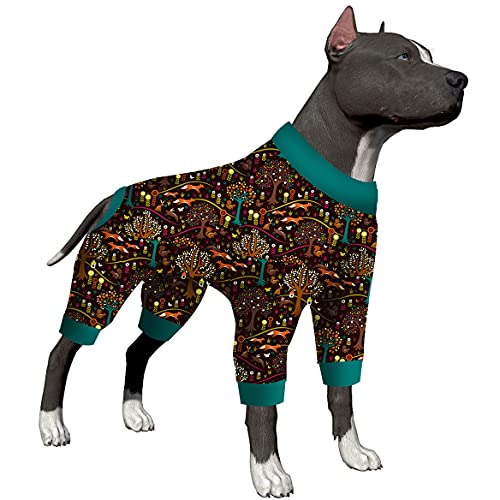 LovinPet Großer Hunde-Pyjama Pitbull – bequemer, leichter dehnbarer Stoff, Norwegischer Holzdruck, Hunde-Pyjama, Chirurgie-Genesungs-Outfit für Hunde, einfach zu tragen, Blau, 3XL von LovinPet