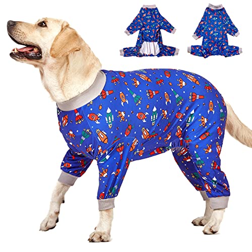 LovinPet Großer Hunde-Schlafanzug, Marineblau, Rakete und Raumschiff-Druck, leicht, dehnbar, Strick-Pullover, Shirt, großer Hunde-Einteiler, Haustier-PJ's Jumpsuit/große Hunde-Jamammies von LovinPet