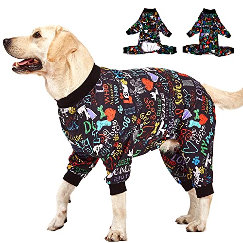 LovinPet Großer Hunde-Schlafanzug, Wundpflege/nach Operationen, UV-Schutz, Love My Dog Text auf schwarzem Druck, UV-Schutz, Haustier-Angstlinderung, große Hunde-Einteiler, Haustier-PJ's von LovinPet