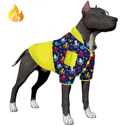 LovinPet Großer Hundemantel Pitbull,Winter Warme Haustier Outfits, Hautfreundlicher Stoff, mit Drucken Meeresleben Marineblau/Multi Prints Hundekleidung für Herbst und Winter von LovinPet