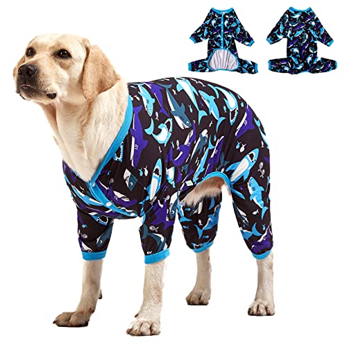 LovinPet Großes Hundeshirt – Haustier-Angstlinderung, Anti-Haarausfall, leichter dehnbarer Stoff, Wal Hello There weißer Druck, großer Hunde-Pyjama, Pitbull-Kleidung, alle Jahreszeiten/XL von LovinPet