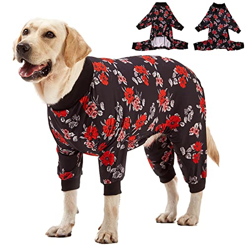 LovinPet Haustier-Schlafanzug für große Hunde – Floral Navy und Coral Print Dog Jammies, leichter dehnbarer Strickpullover für große Hunde, großer Hunde-Einteiler, Pet PJ's/3XL von LovinPet