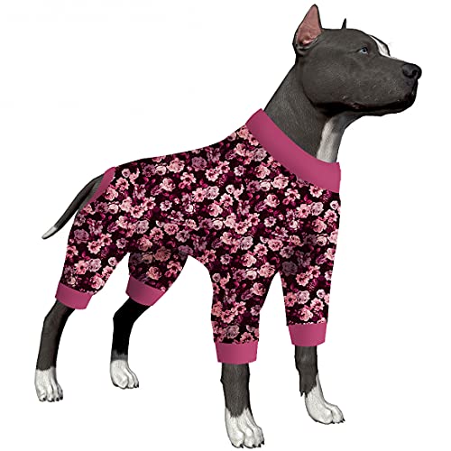 LovinPet Hunde-Schlafanzug Pitbull Boy – Haustier-Angstlinderung, Sonnenschutz, Hundehemd, bequemer, dehnbarer Stoff, Beeren-Rosen-Druck, große Hunde-Operationen, Partybekleidung, Rosa L von LovinPet