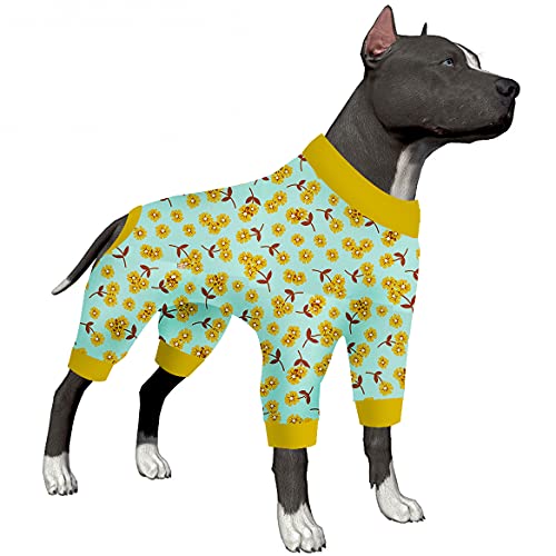 LovinPet Hunde-Schlafanzug für Pitbulls – Haustierangstlinderung, Sonnenschutz, Hunde-Pyjama, bequemer, dehnbarer Stoff, Minzblumendruck, große Hundekleidung, Gelb M von LovinPet