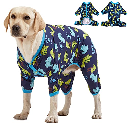 LovinPet Hundebekleidung für große Hunde: Dinosaurier im Dschungel-Druck, leichter dehnbarer Strickpullover, Welpen-Pyjama, Einteiler für große Hunde, Jammies, Haustier-Pyjama/XXL von LovinPet