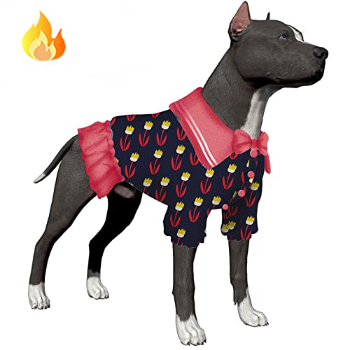 LovinPet Hundejacken für Pitbull: warmer Flanellstoff, Flachs-Drucke, Tulpen, marineblaue Drucke, Hundekleidung, Passform, gemütlicher Hunde-Wintermantel für kaltes Wetter, Größe M von LovinPet