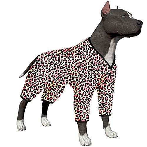 LovinPet Hundekleidung für große Rassen – doppelt gebürsteter Stretch-Strick, neonrosa Geparden-Druck, UV-Schutz, Haustier-Angstlinderung, leichter Pullover, Haustier-Pyjama, Leopardenrosa, L von LovinPet