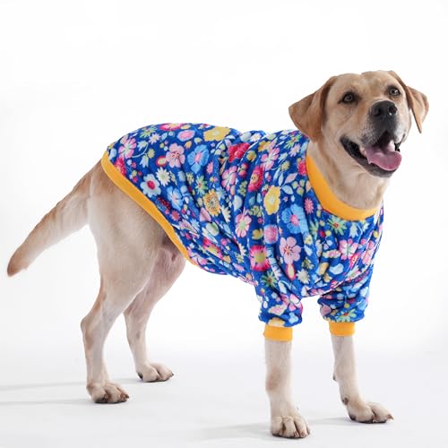 LovinPet Hundepullover für große Hunde, warmer Flanell-Stoff, glücklich verpackt, florales blaues Druck, Hundekleidung, gemütlicher Hunde-Wintermantel für kaltes Wetter, Blau von LovinPet