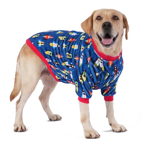 LovinPet Hundepullover für große Hunde – Hautfreundliche Flanell-Stoffkleidung für Hunde, Raketen, blaue Yonder-Drucke, Hundekleidung, warme Hundekleidung für kleine Hunderassen, Blau von LovinPet