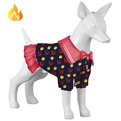 LovinPet Jacke für kleine Mädchen Hunde – warmer Flanellstoff, Flachs-Drucke, Tulpen, marineblaue Drucke, Hundekleidung, Update, gemütlicher Hunde-Wintermantel für kaltes Wetter, Größe S + von LovinPet