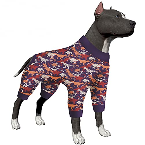 LovinPet Kleidung für Pitbulls – Große Hunde-Schlafanzüge, leicht, dehnbarer Stoff, lila und orangefarbener Camouflage-Dinosaurier-Druck, Haustier-Angstlinderung, Hunde-Einteiler für Party, lila M von LovinPet