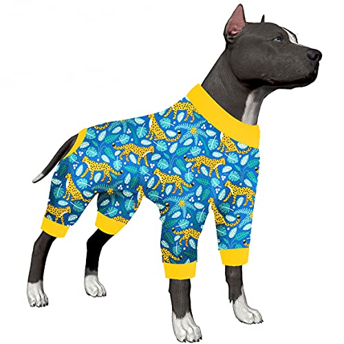 LovinPet Onsies for Dogs Haustier-Angstlinderung, Sonnenschutz, Hunde-Pyjama, bequemer Stoff, heller Leopardenmuster, große Hunde-Pyjamas, Pitbull-Kleidung, blau, 3XL von LovinPet