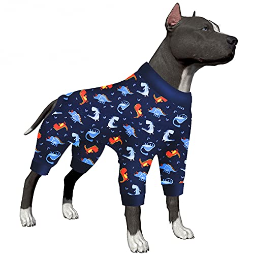 LovinPet Pitbull Haustier-Einteiler, bequemer, leichter dehnbarer Stoff, blauer Dinosaurier-Druck, Sonnenschutz, Haustier-Angstlinderung, einfach zu tragen, Hundekostüm für Party, blau-weiß, L von LovinPet