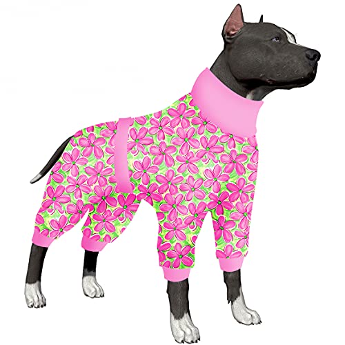 LovinPet Pitbull Haustier-Outfit, Erholungspyjama nach Operationen, reflektierende Streifen, volle Abdeckung, Hunde-Einteiler, atmungsaktiver und dehnbarer Stoff, Rosa/Grün, M von LovinPet