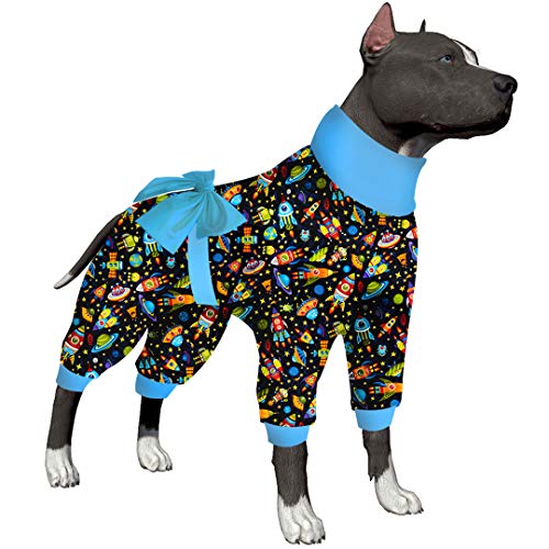 LovinPet Pitbull Onesie – Großer Hunde-Pyjama, Post-Operationen-Shirt, dehnbarer Stoff, Ziel für den Mond, Flanell, marineblau, Hunde-PJ's, Anti-Lecken, einfach zu tragen, für Mädchen oder Jungen, 3XL von LovinPet