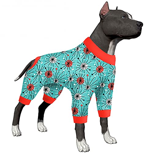 LovinPet Pitbull Pjs für Hunde – Anti-Lecken und Angst, beruhigendes Hundehemd, leichter dehnbarer Stoff, Atomischer Türkis-Druck, große Hunde-Pyjamas, Pitbull Kleidung, Hundekostüm, Rot, 3XL von LovinPet