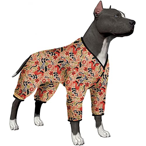 LovinPet Pitbull Pyjama/Leichter Pullover-Pyjama/Vollständige Abdeckung/Hunde-Einteiler Jumpsuit/Happy Folk Horse Coral Prints/Leichter Pullover Großer Welpen-Pyjama/Full Coverage Hunde-Schlafanzug von LovinPet