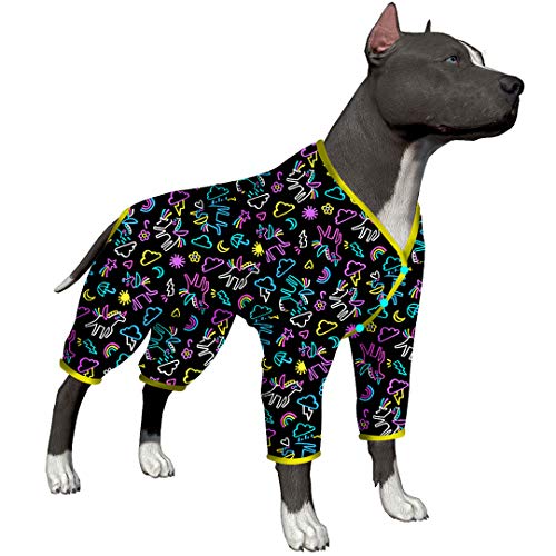 LovinPet Pitbull Pyjama – Stretch-Strick-Hundehemd, Einhorn-Druck, leichter Pullover, Haustier-Pyjama, volle Abdeckung, Hunde-Pyjama, großer Hunde-Einteiler, Blau XXL von LovinPet