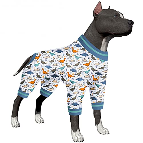 Pitbull Schlafanzug für männliche Hunde – Unterhemd für Hunde-Kapuzenpullover, Hunde-Pyjamas, leichter, dehnbarer Stoff, Weiß/Schiefer/Minze, Dinosaurier-Druck, große Hunde, Jammies, UV-Schutz, von LovinPet