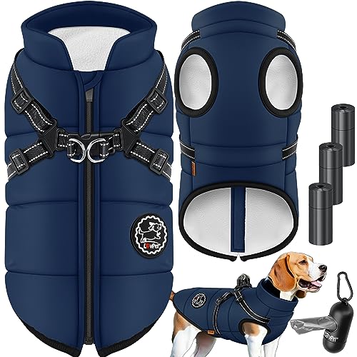 LOVPET® Hundejacke Hundemantel mit Geschirr, inkl. 45 Stück Kotbeutel + Spender, Hunde Winterweste gefüttert wasserdicht, Gepolsterte Weste Mit Brustgurt, Reflektoren, D-Ring 2XL, Navyblau von Lovpet