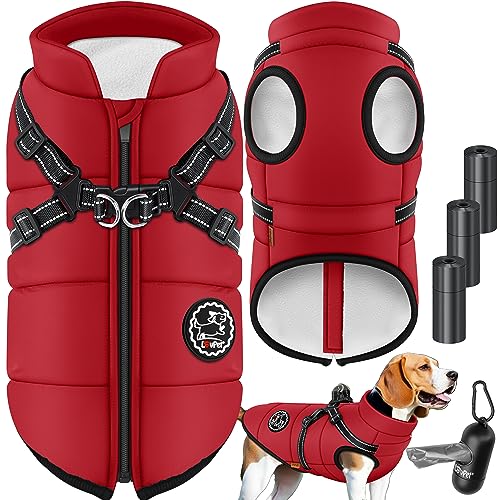 LOVPET® Hundejacke Hundemantel mit Geschirr, inkl. 45 Stück Kotbeutel + Spender, Hunde Winterweste gefüttert wasserdicht, Gepolsterte Weste Mit Brustgurt, Reflektoren, D-Ring 4XL, Bordeaux Rot von Lovpet